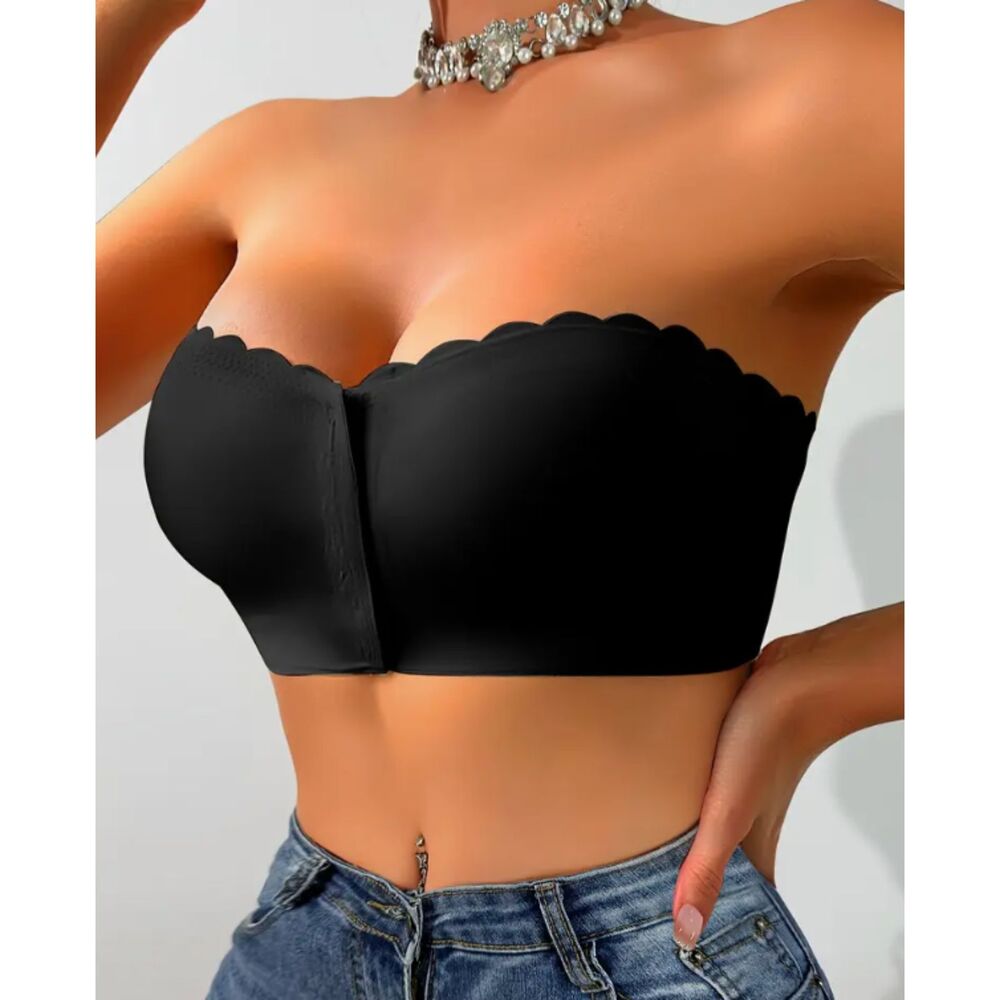 Seamless Strapless Front Closure Bra With Wave Edge Design, Casual Style -Large